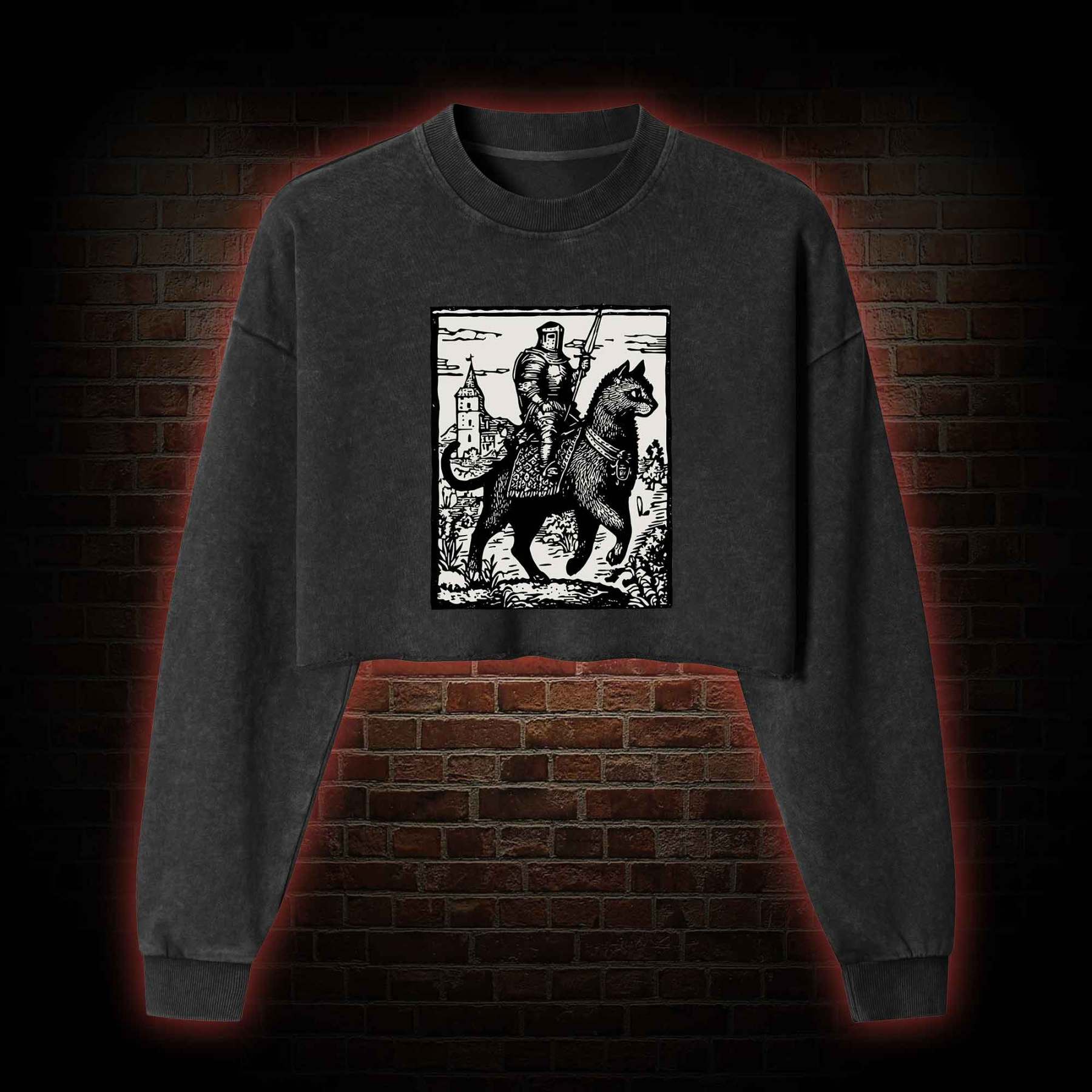 Knight Cat Rider Washed Cropped Sweatshirts