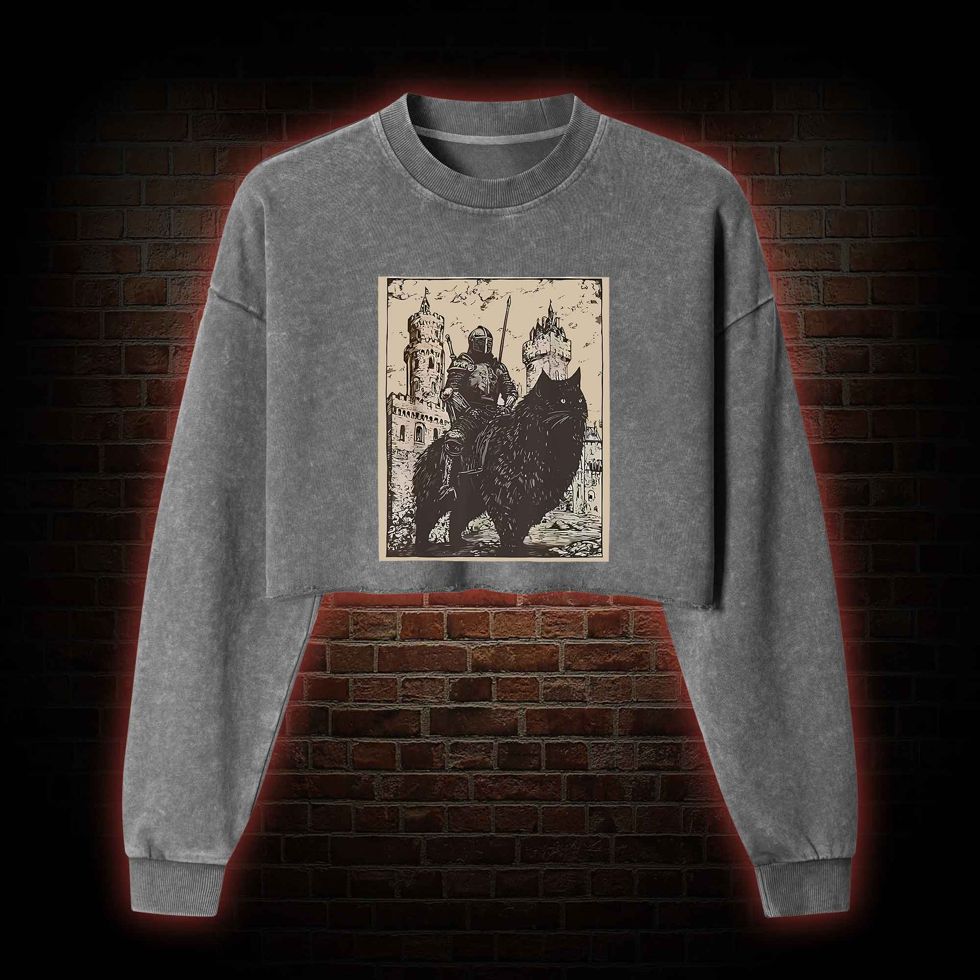 Knight Cat Rider Vintage Washed Cropped Sweatshirts