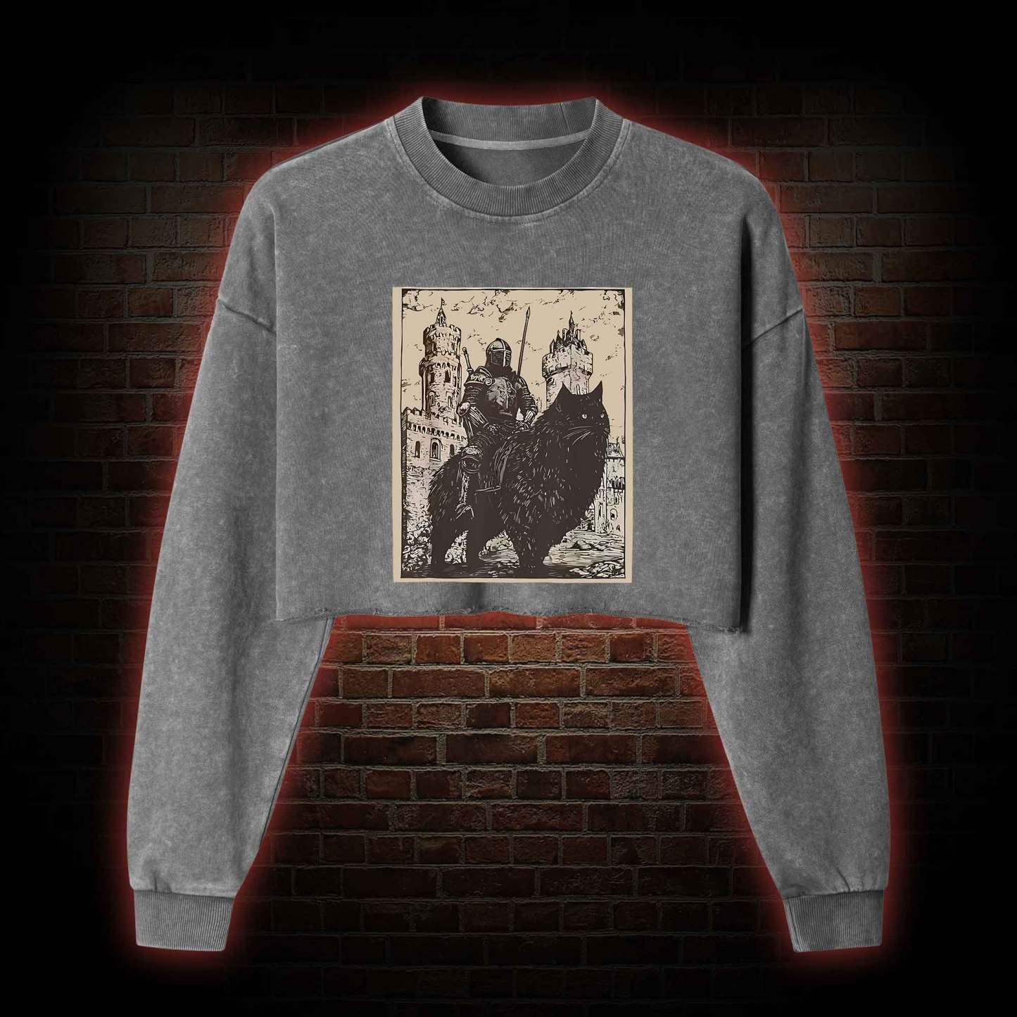 Knight Cat Rider Vintage Washed Cropped Sweatshirts