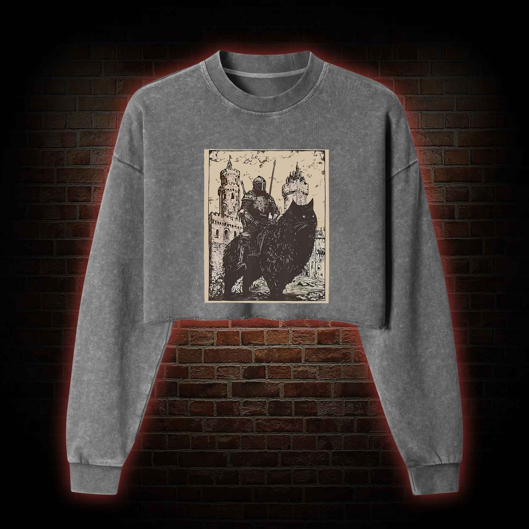 Knight Cat Rider Vintage Washed Cropped Sweatshirts