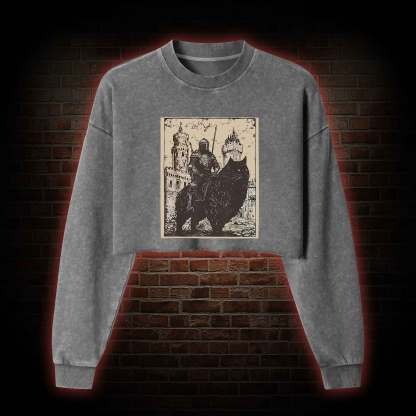 Knight Cat Rider Vintage Washed Cropped Sweatshirts