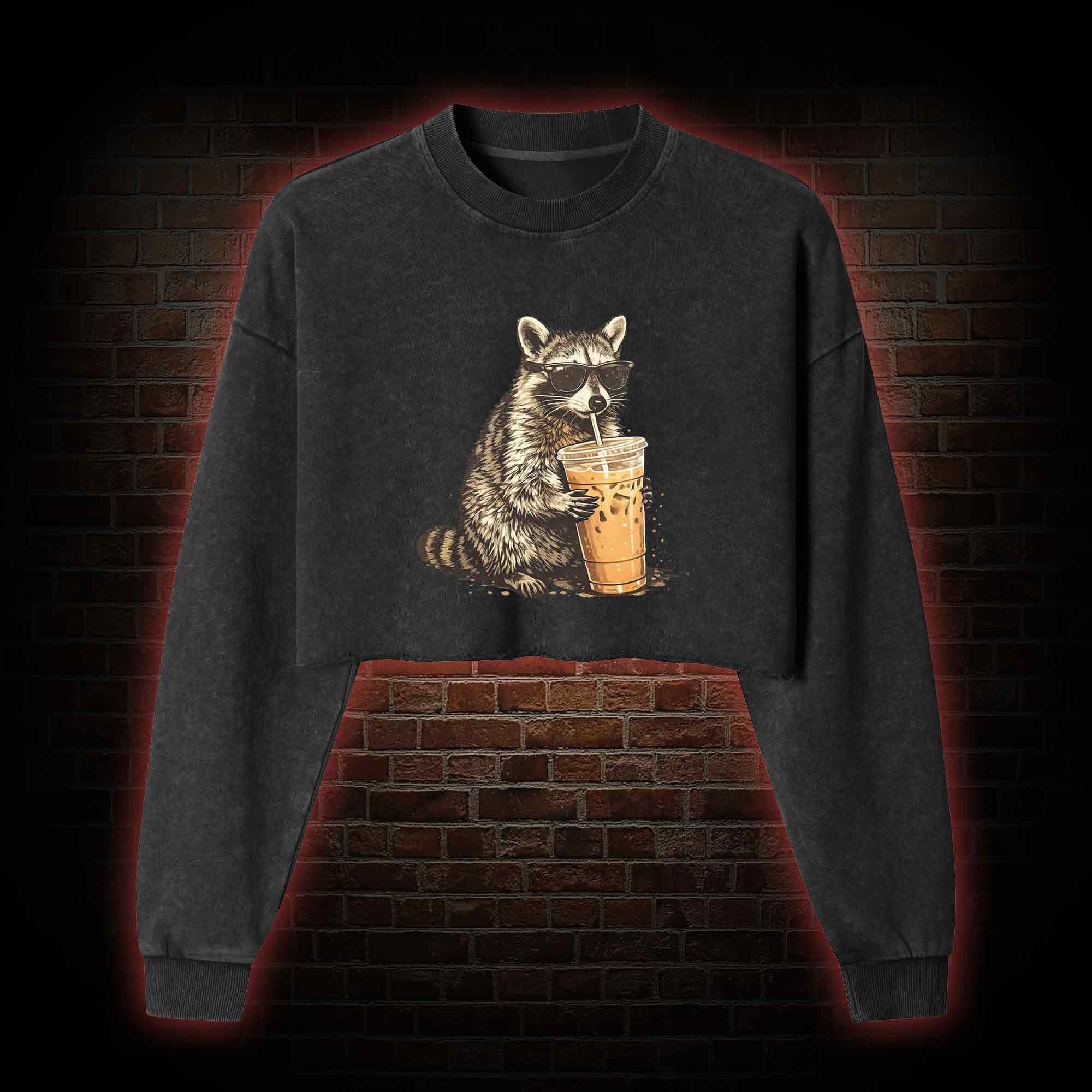 Raccoon Drinking Iced Coffee Washed Cropped Sweatshirts