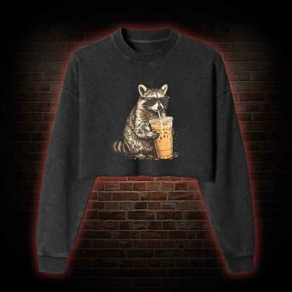 Raccoon Drinking Iced Coffee Washed Cropped Sweatshirts