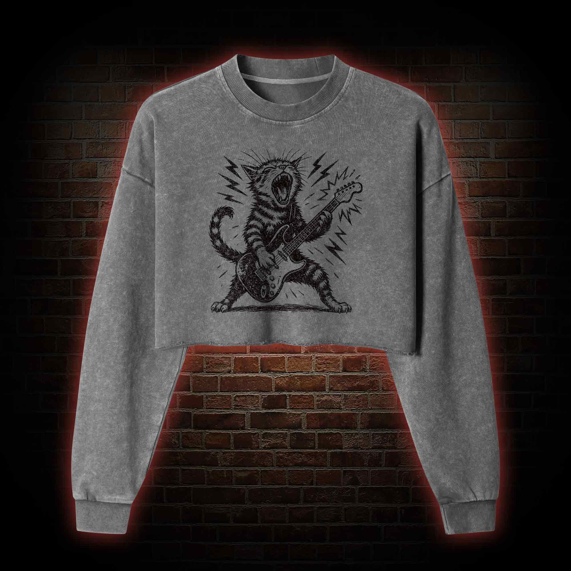 Rock and Roll Cat Washed Cropped Sweatshirts
