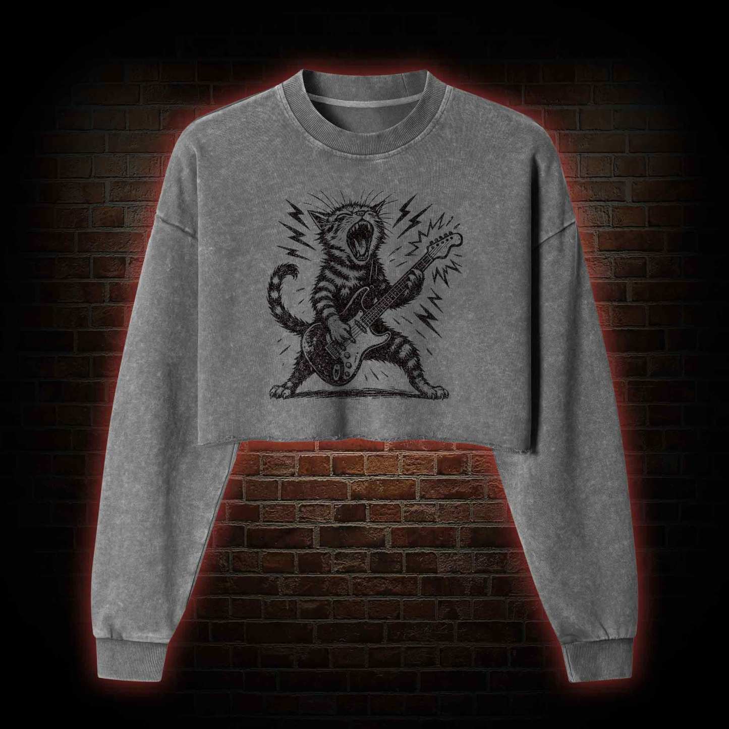 Rock and Roll Cat Washed Cropped Sweatshirts