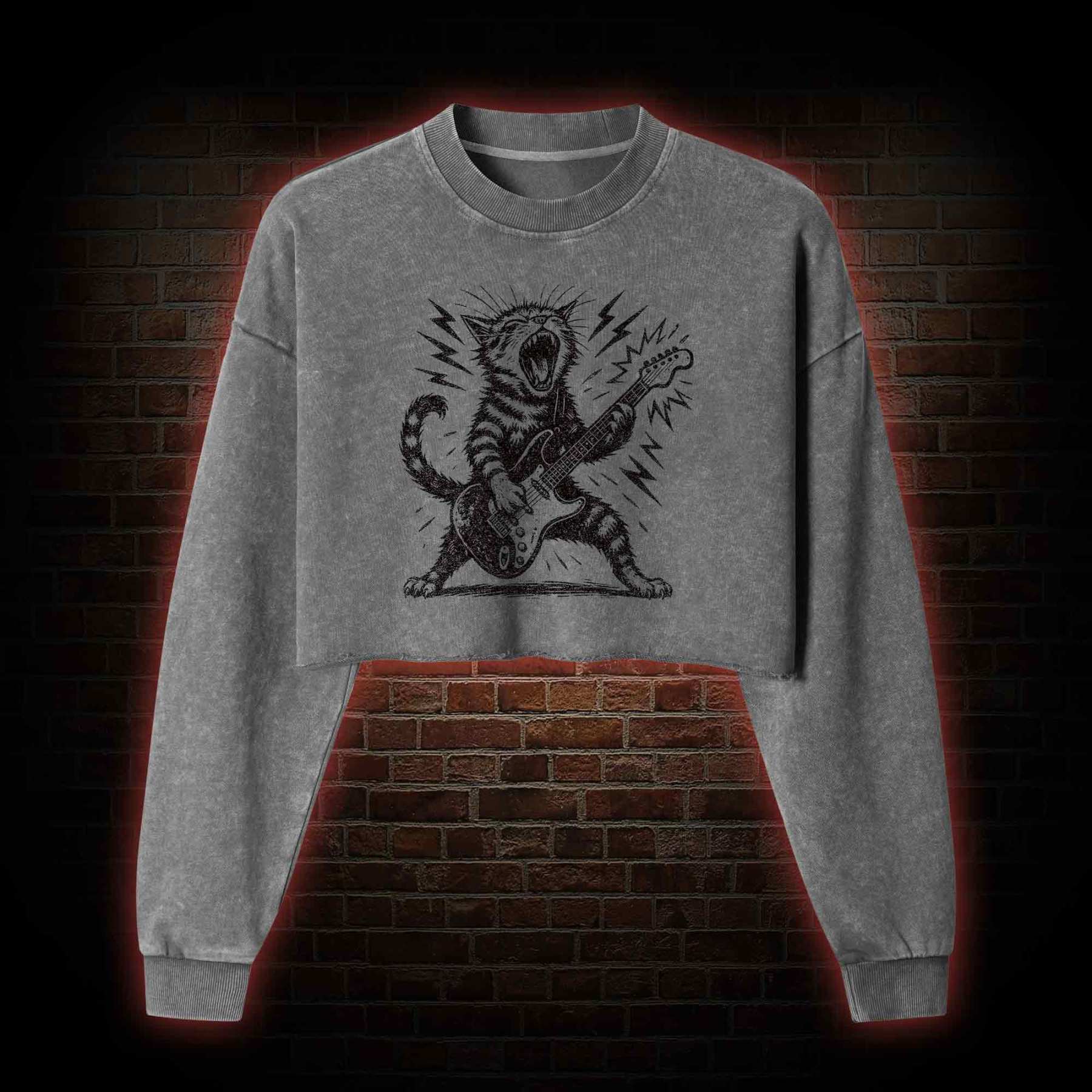 Rock and Roll Cat Washed Cropped Sweatshirts
