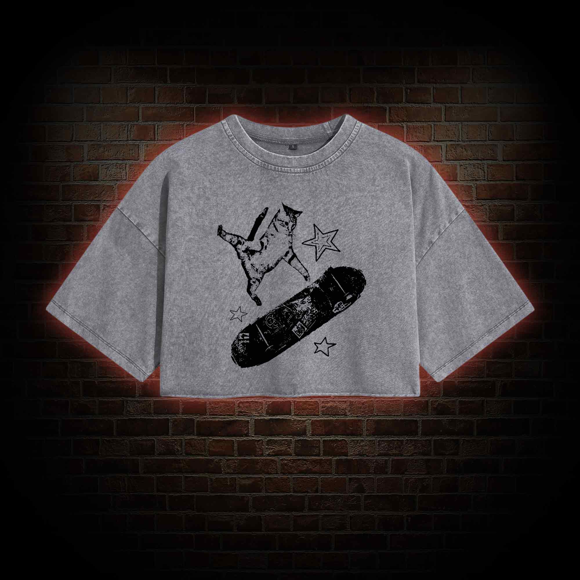 Skateboard Cat Washed Cropped T-shirts