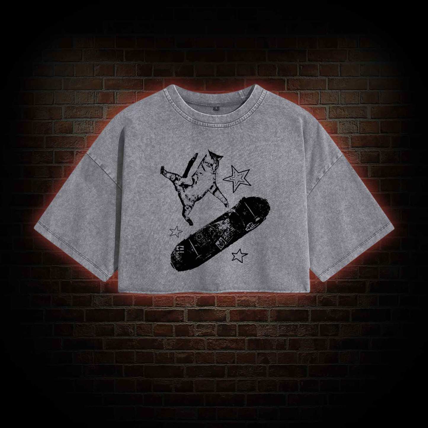 Skateboard Cat Washed Cropped T-shirts