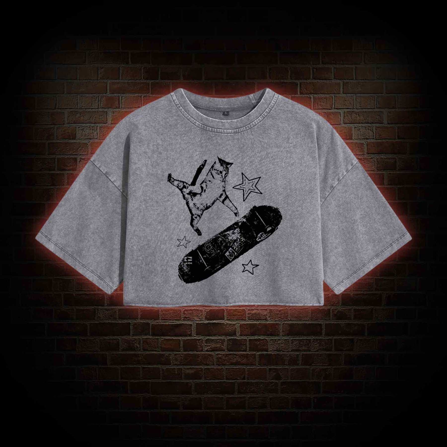Skateboard Cat Washed Cropped T-shirts