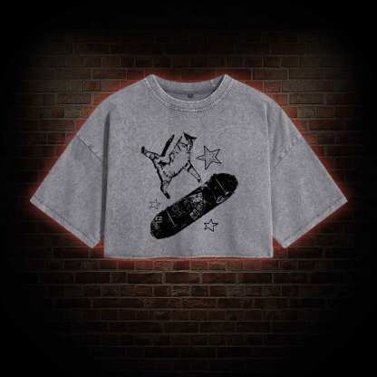 Skateboard Cat Washed Cropped T-shirts