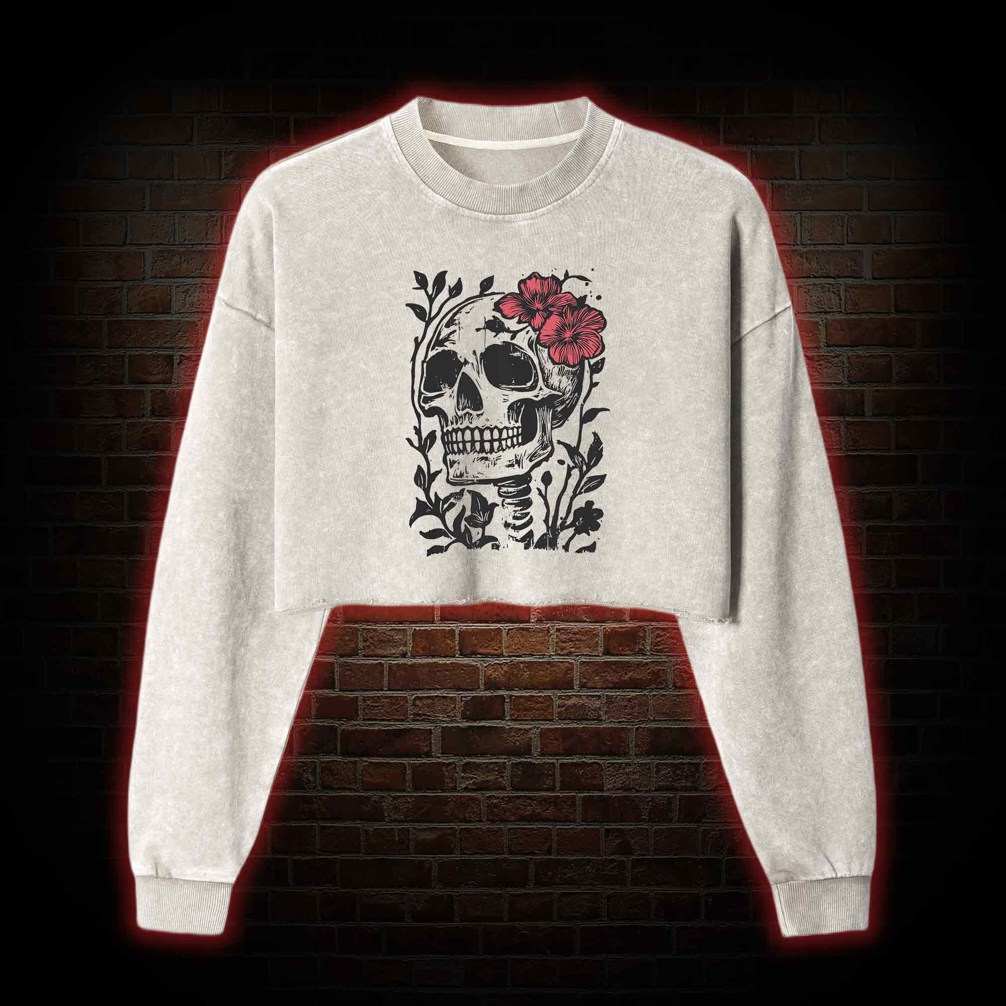 Flower Skull Washed Cropped Sweatshirts