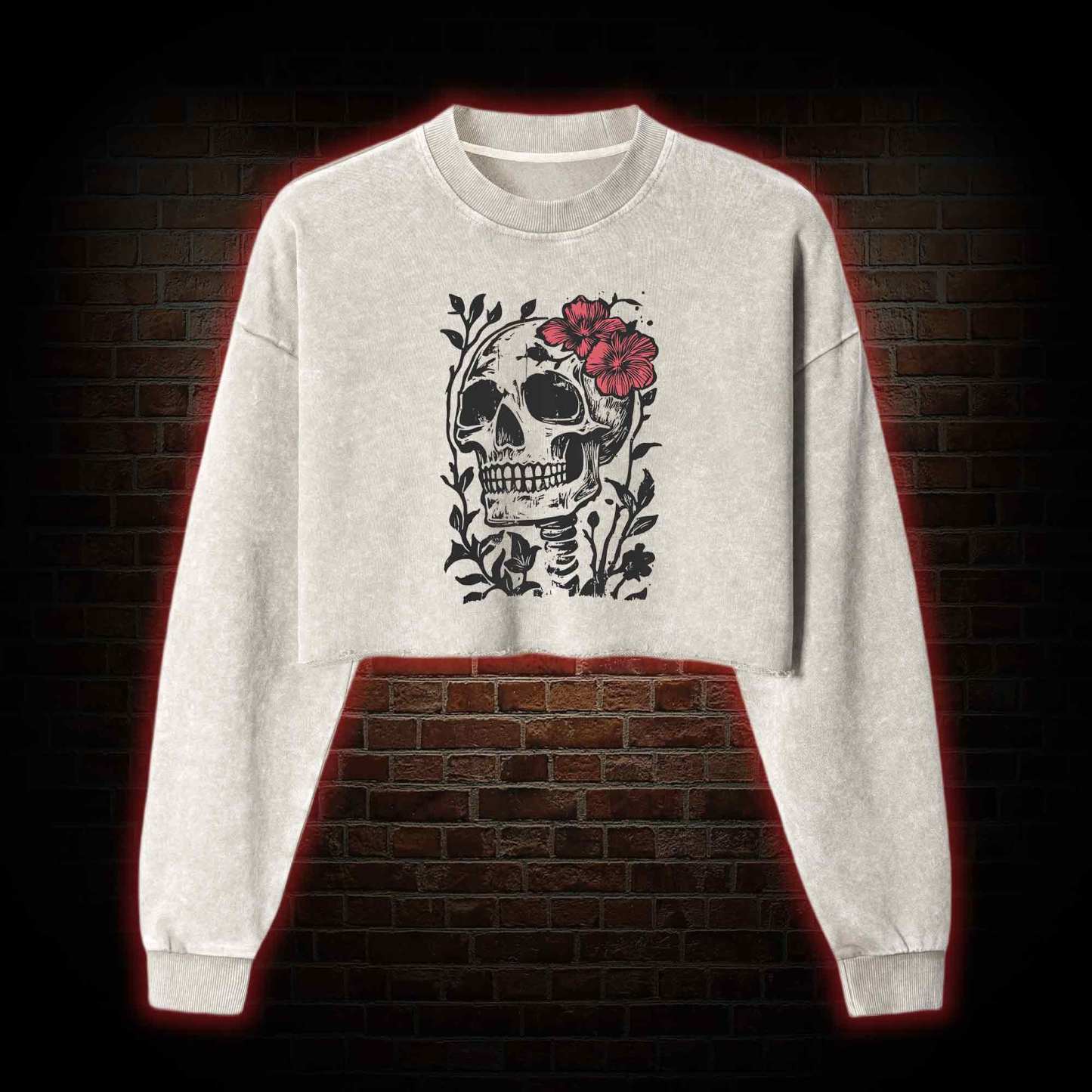 Flower Skull Washed Cropped Sweatshirts