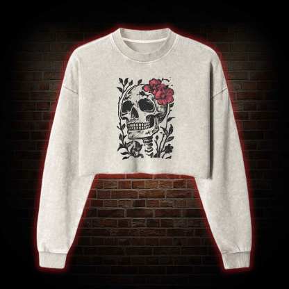 Flower Skull Washed Cropped Sweatshirts