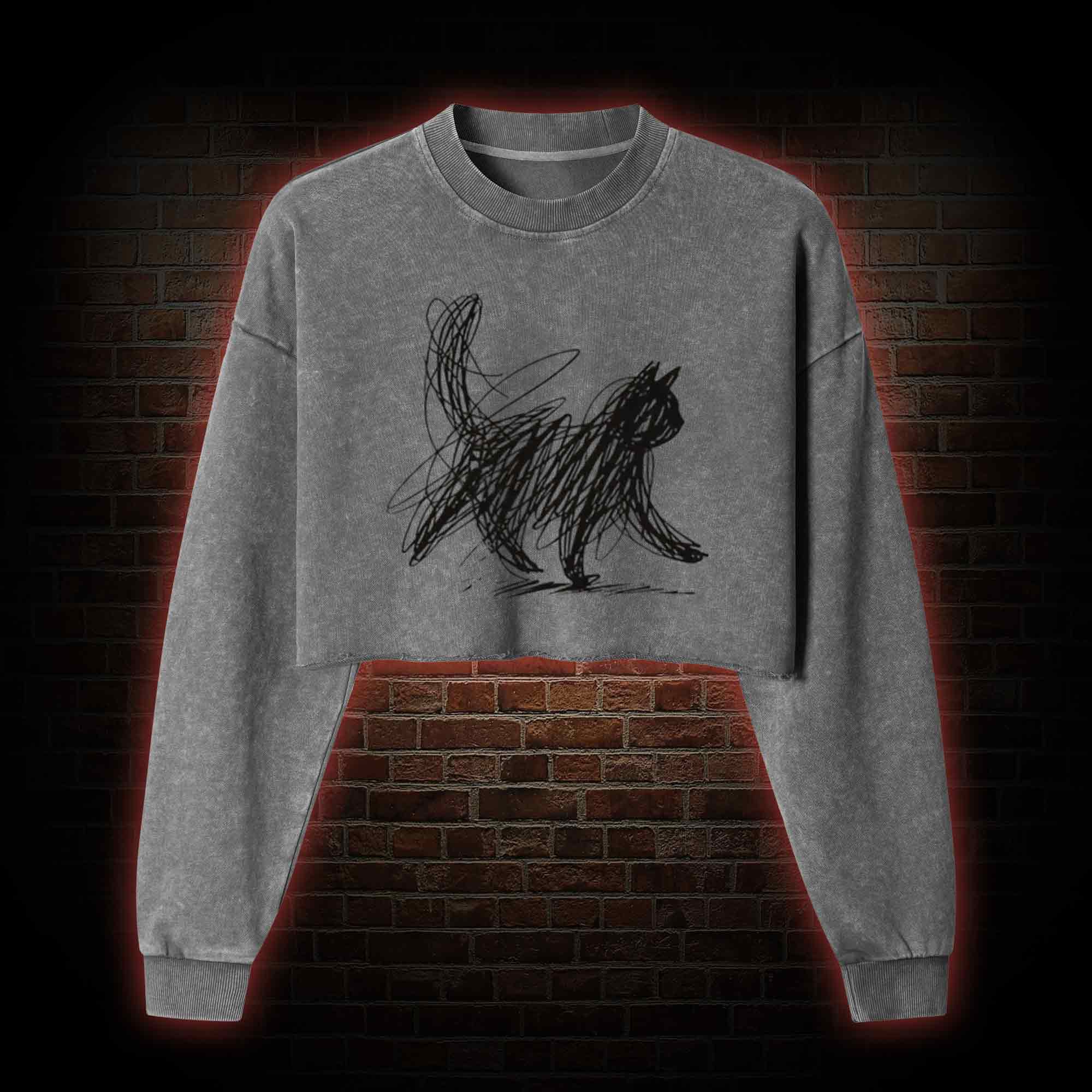 Cat Line Art Washed Cropped Sweatshirts