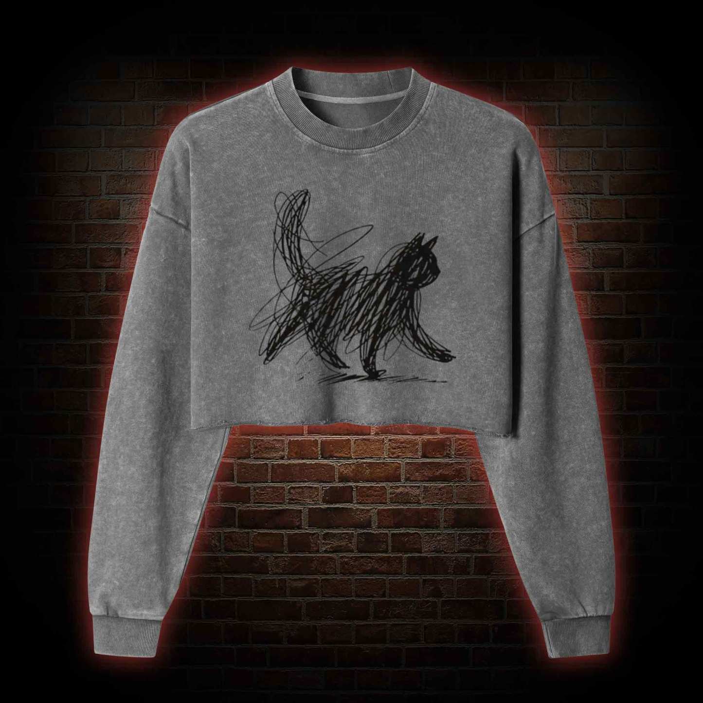 Cat Line Art Washed Cropped Sweatshirts