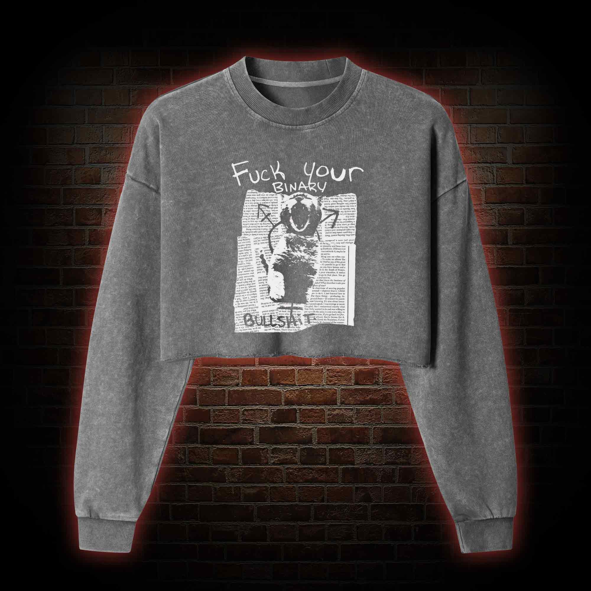 Fuck Your Binary Washed Cropped Sweatshirts