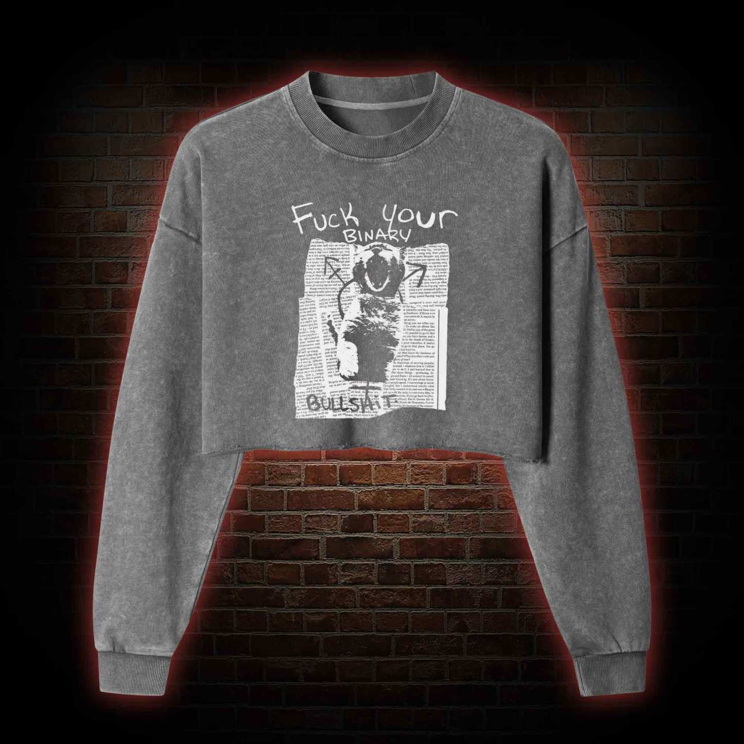 Fuck Your Binary Washed Cropped Sweatshirts