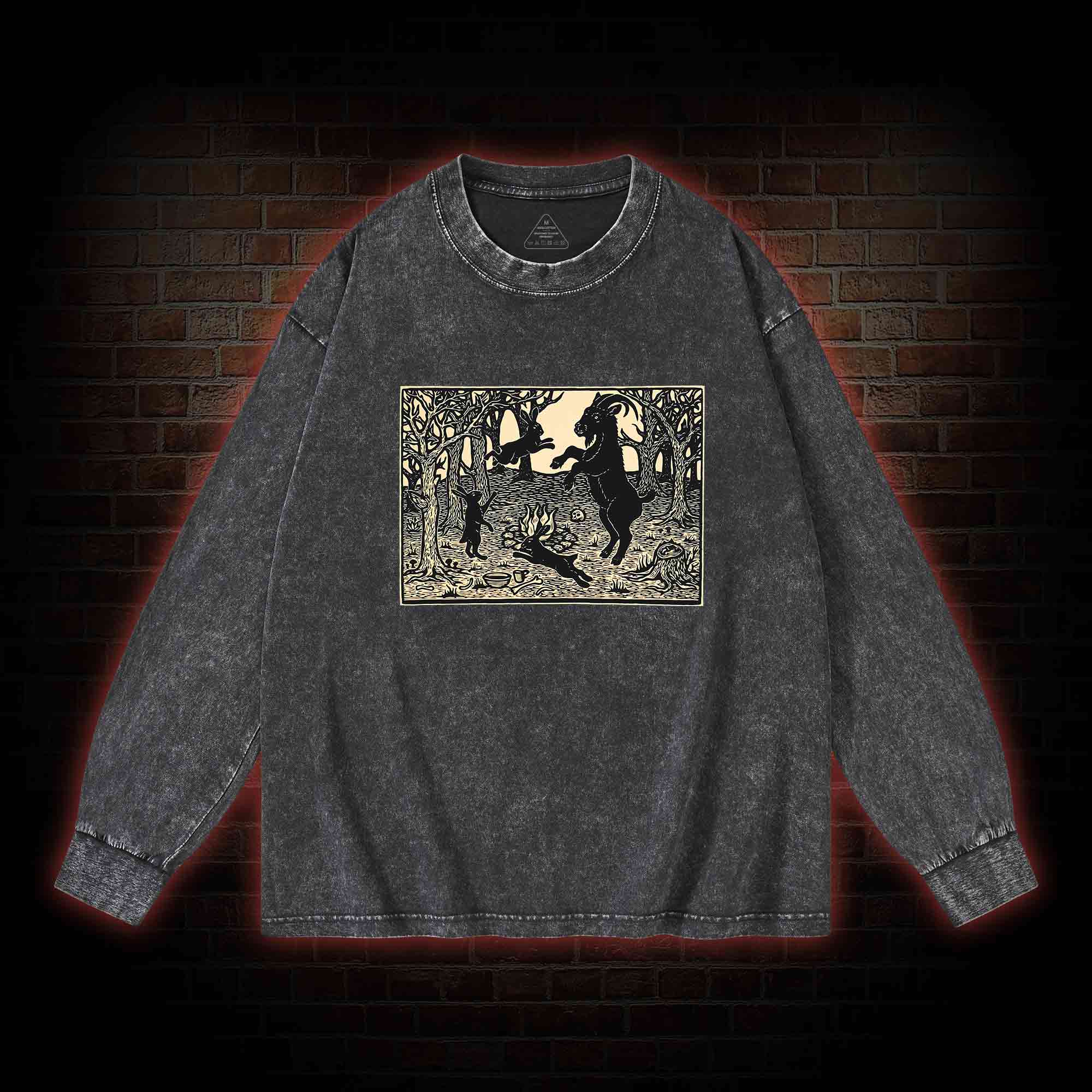 Woodland Rites Black Philip Woodcut Washed Long-Sleeve T-shirt