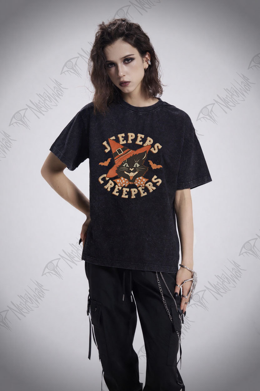 Halloween Black Cat Washed T-shirt