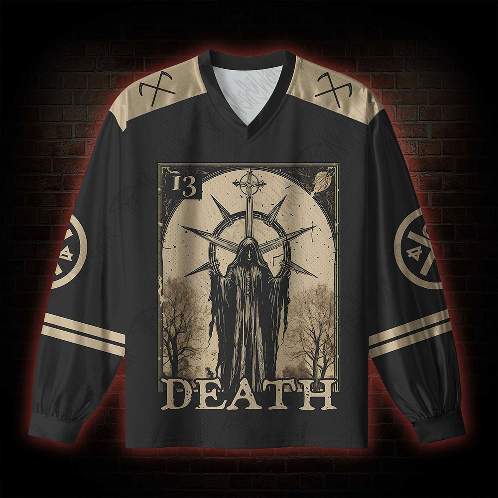 Death in Cloak Tarot Card V-Neck Long Sleeve Jersey