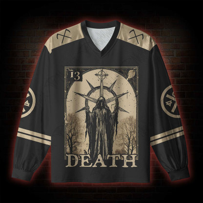 Death in Cloak Tarot Card V-Neck Long Sleeve Jersey