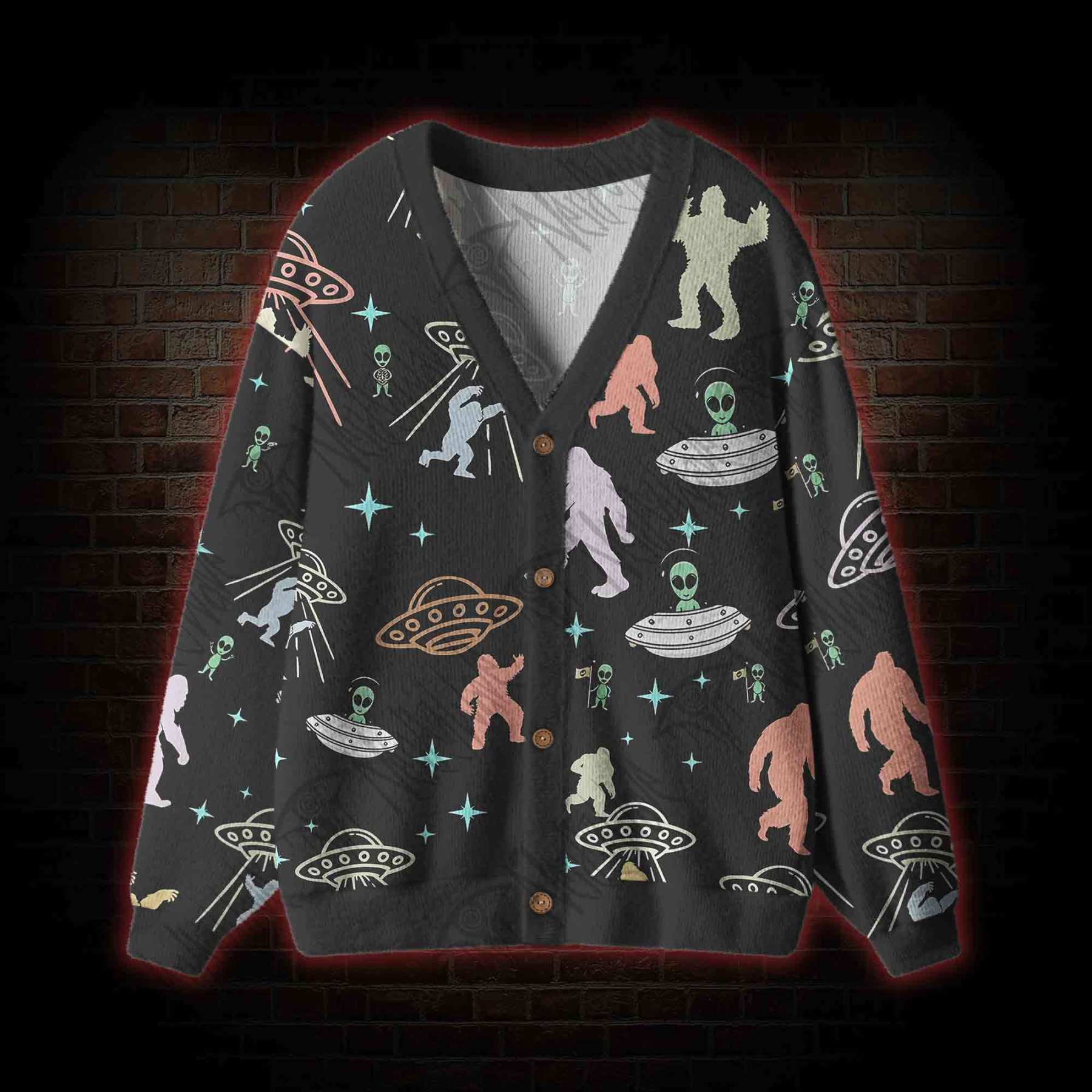 Bigfoot and Alien Party Cardigan Sweater