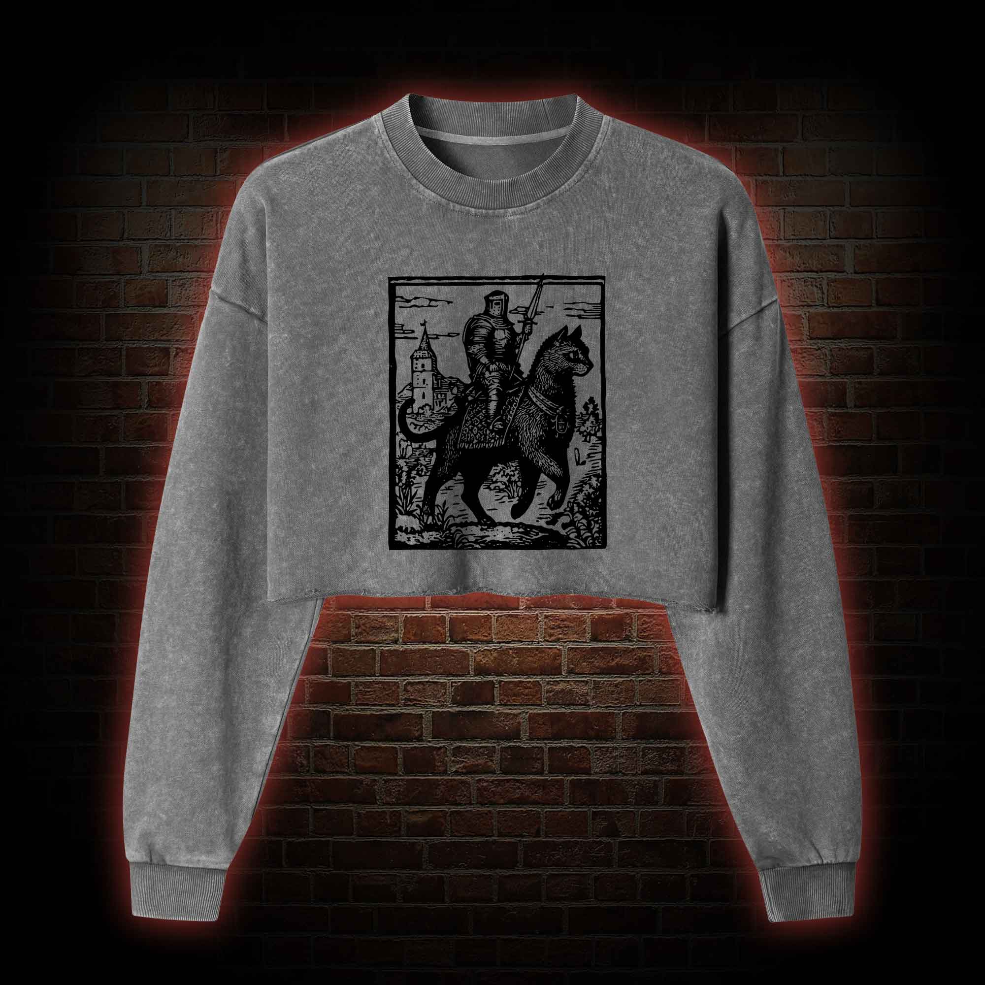 Knight Cat Rider Washed Cropped Sweatshirts