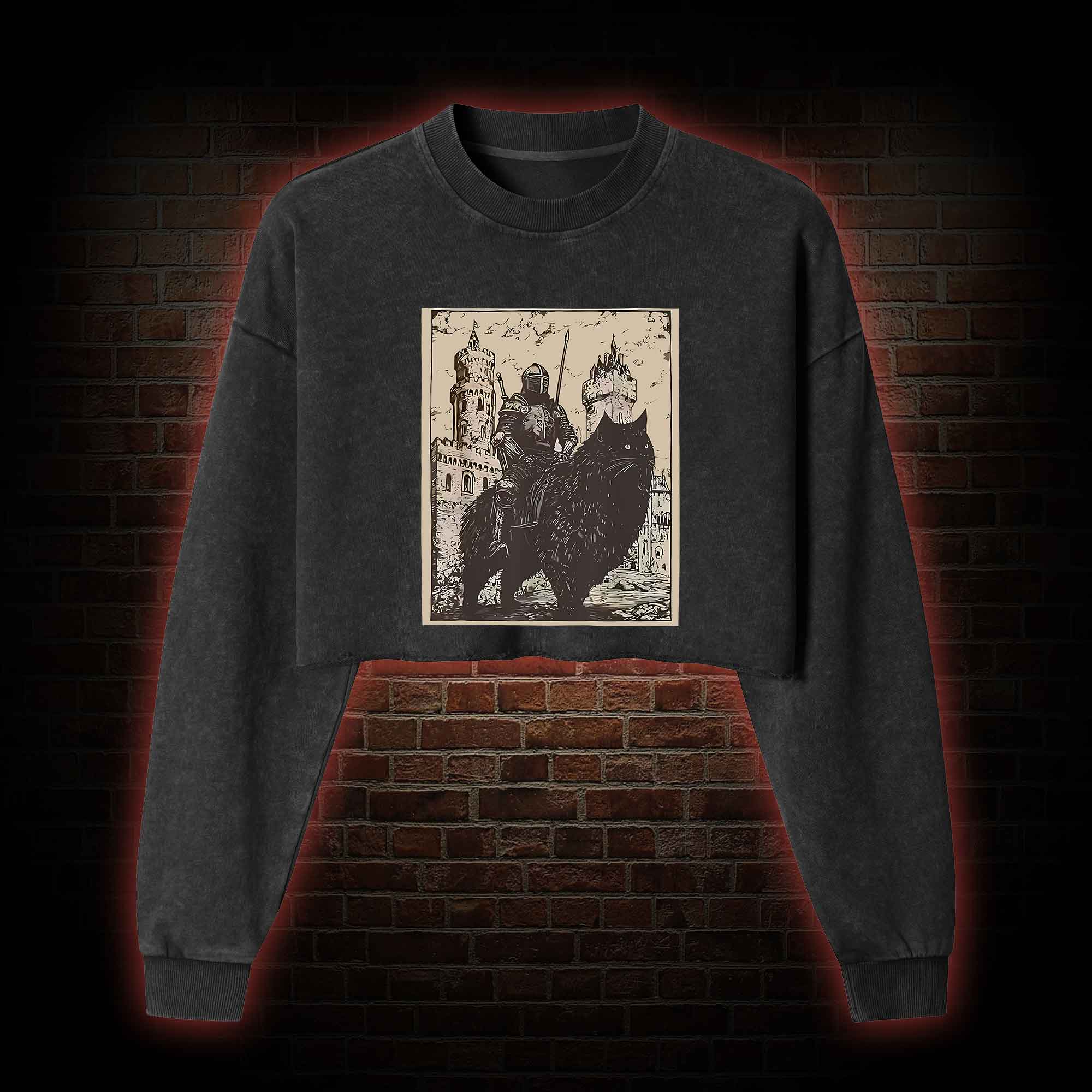 Knight Cat Rider Vintage Washed Cropped Sweatshirts