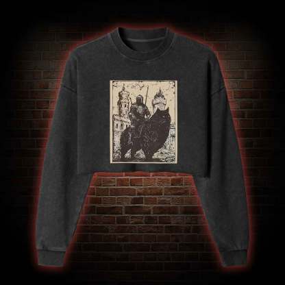 Knight Cat Rider Vintage Washed Cropped Sweatshirts