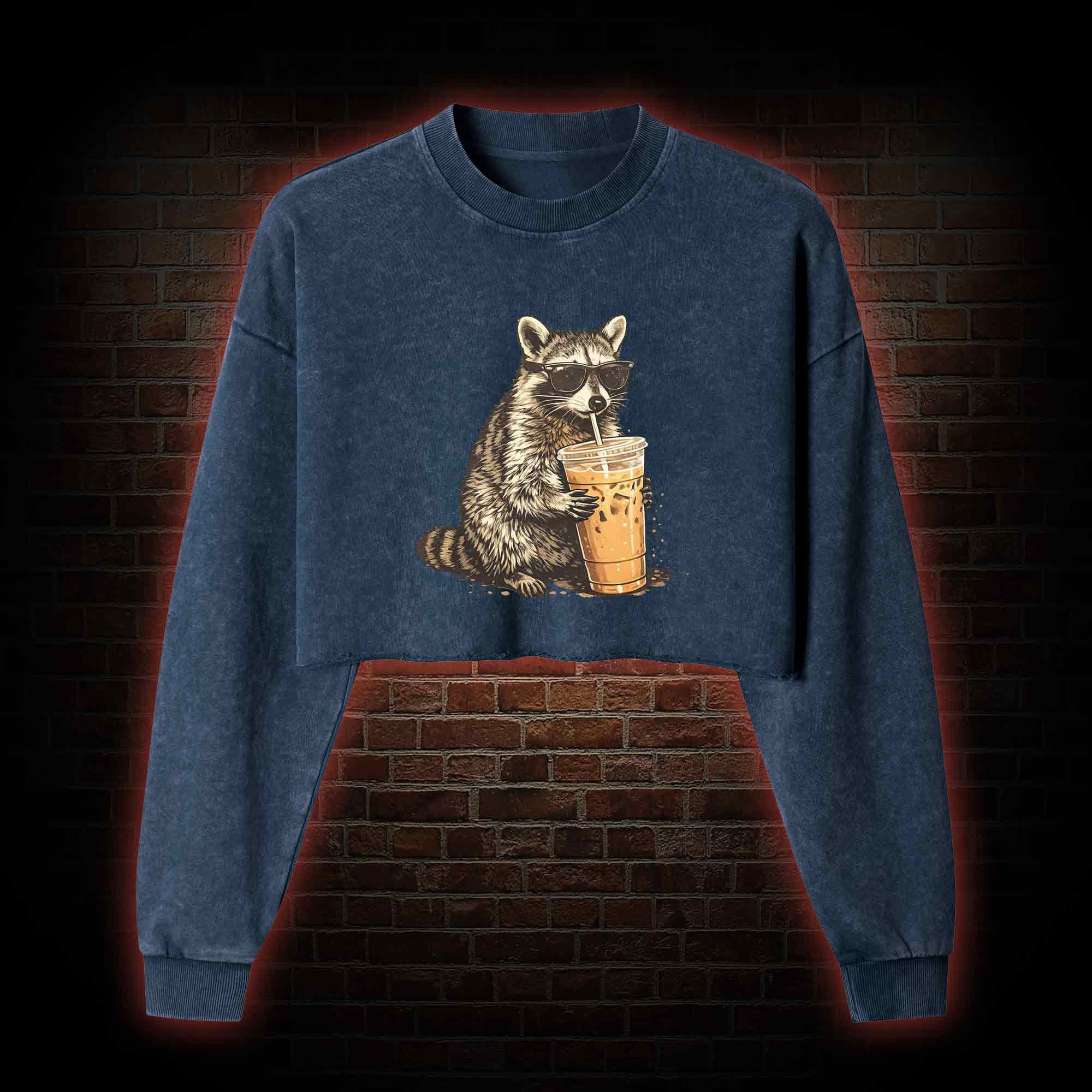Raccoon Drinking Iced Coffee Washed Cropped Sweatshirts