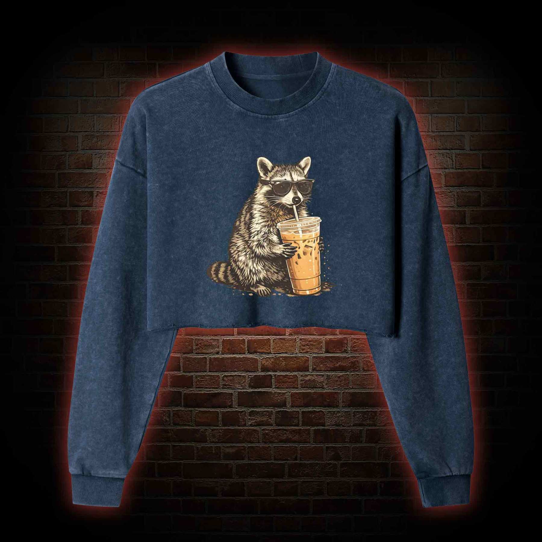 Raccoon Drinking Iced Coffee Washed Cropped Sweatshirts