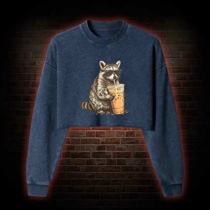 Raccoon Drinking Iced Coffee Washed Cropped Sweatshirts