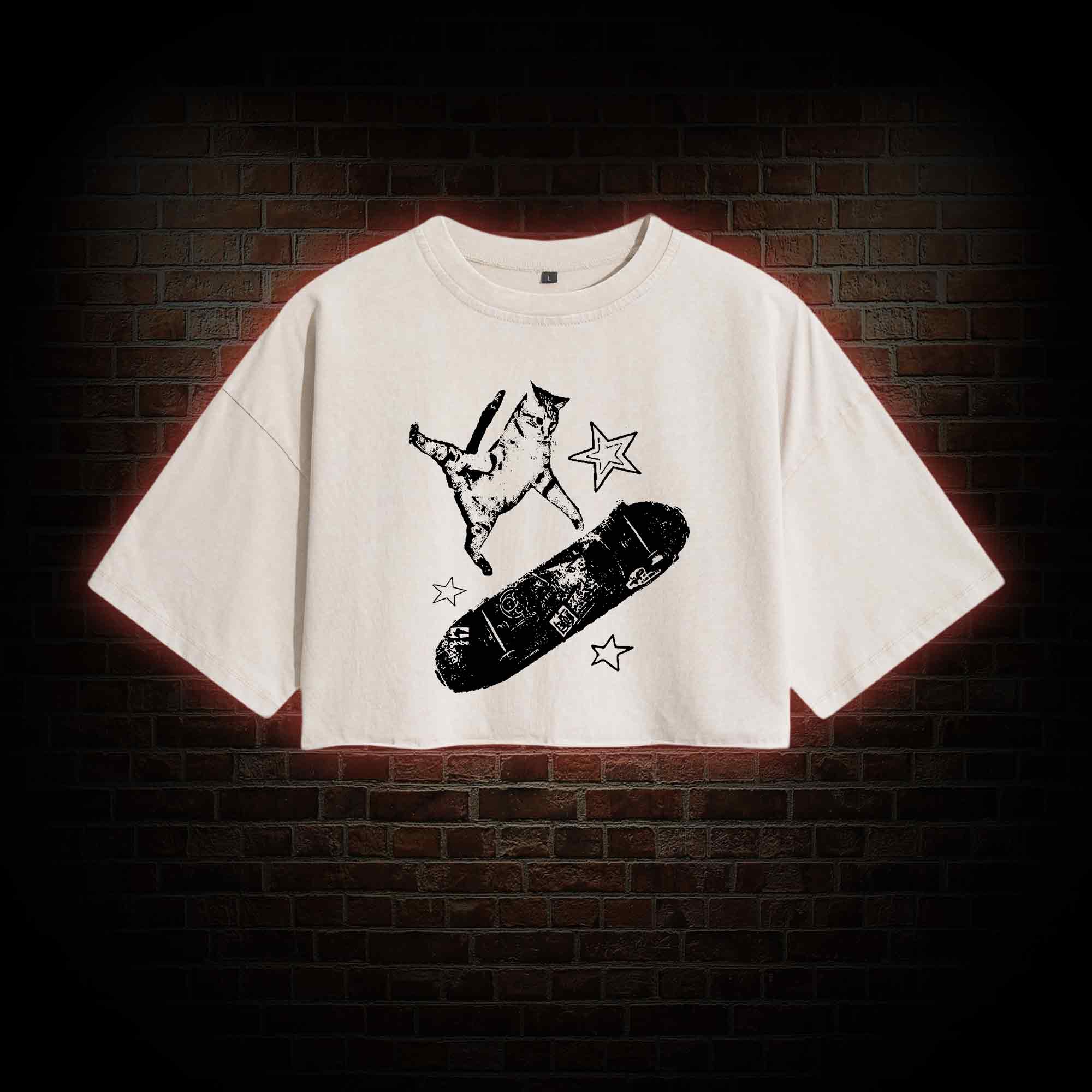 Skateboard Cat Washed Cropped T-shirts