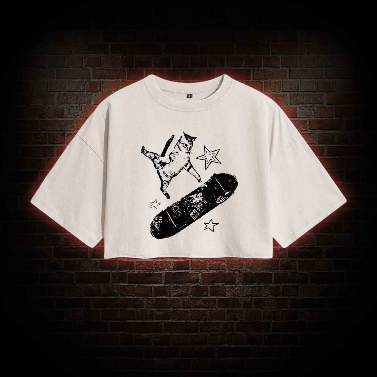 Skateboard Cat Washed Cropped T-shirts