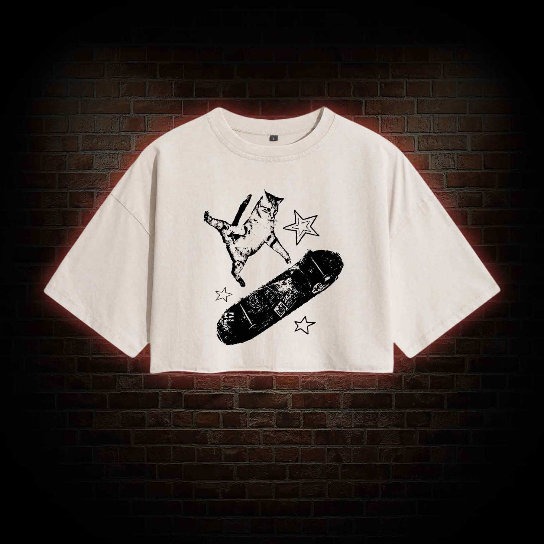 Skateboard Cat Washed Cropped T-shirts