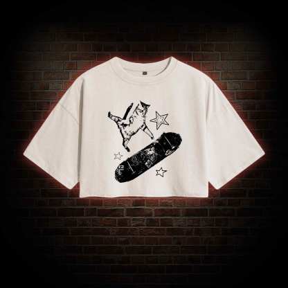 Skateboard Cat Washed Cropped T-shirts
