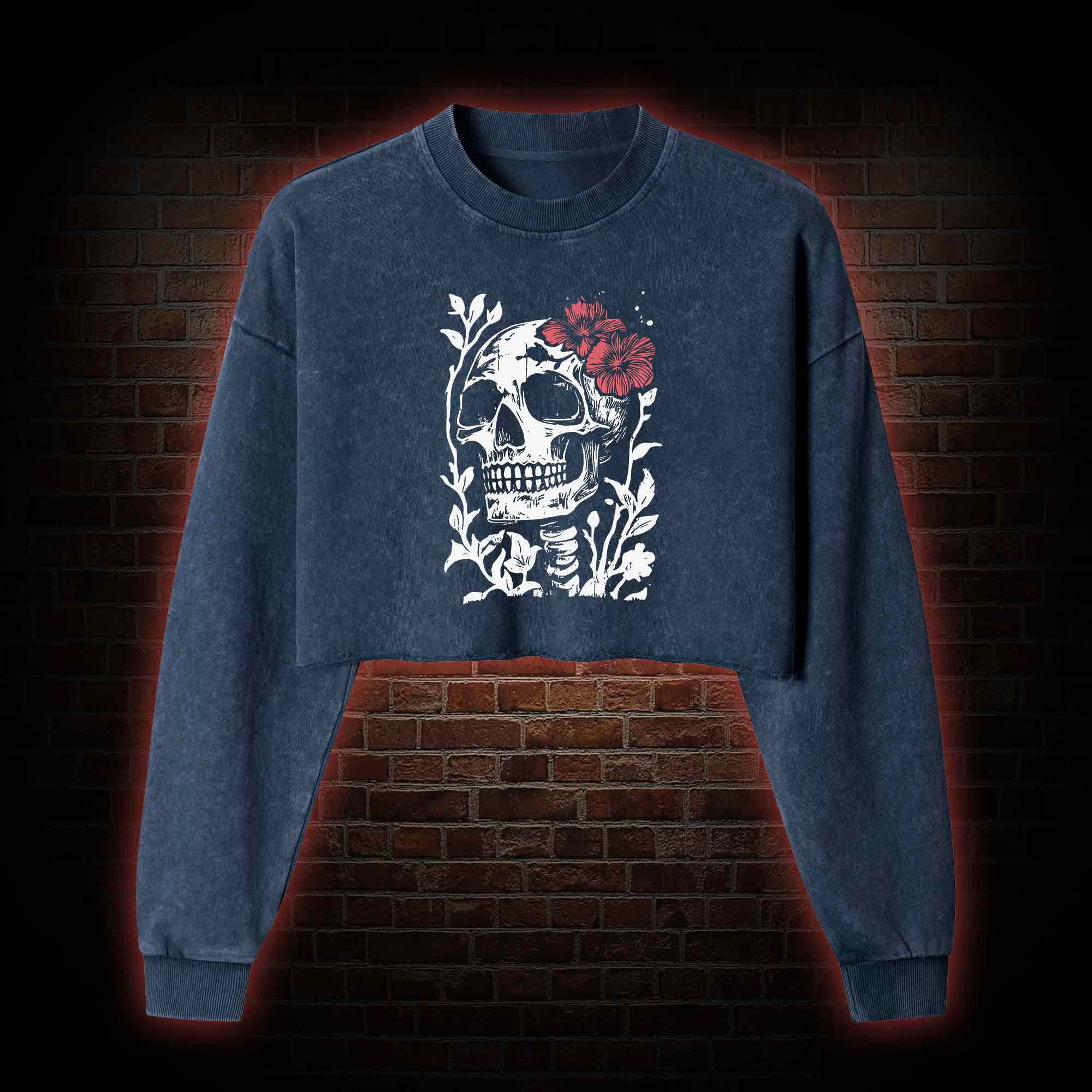 Flower Skull Washed Cropped Sweatshirts