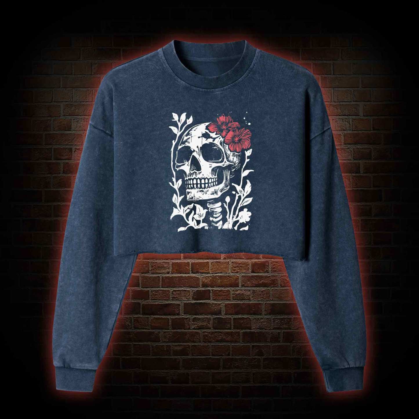 Flower Skull Washed Cropped Sweatshirts