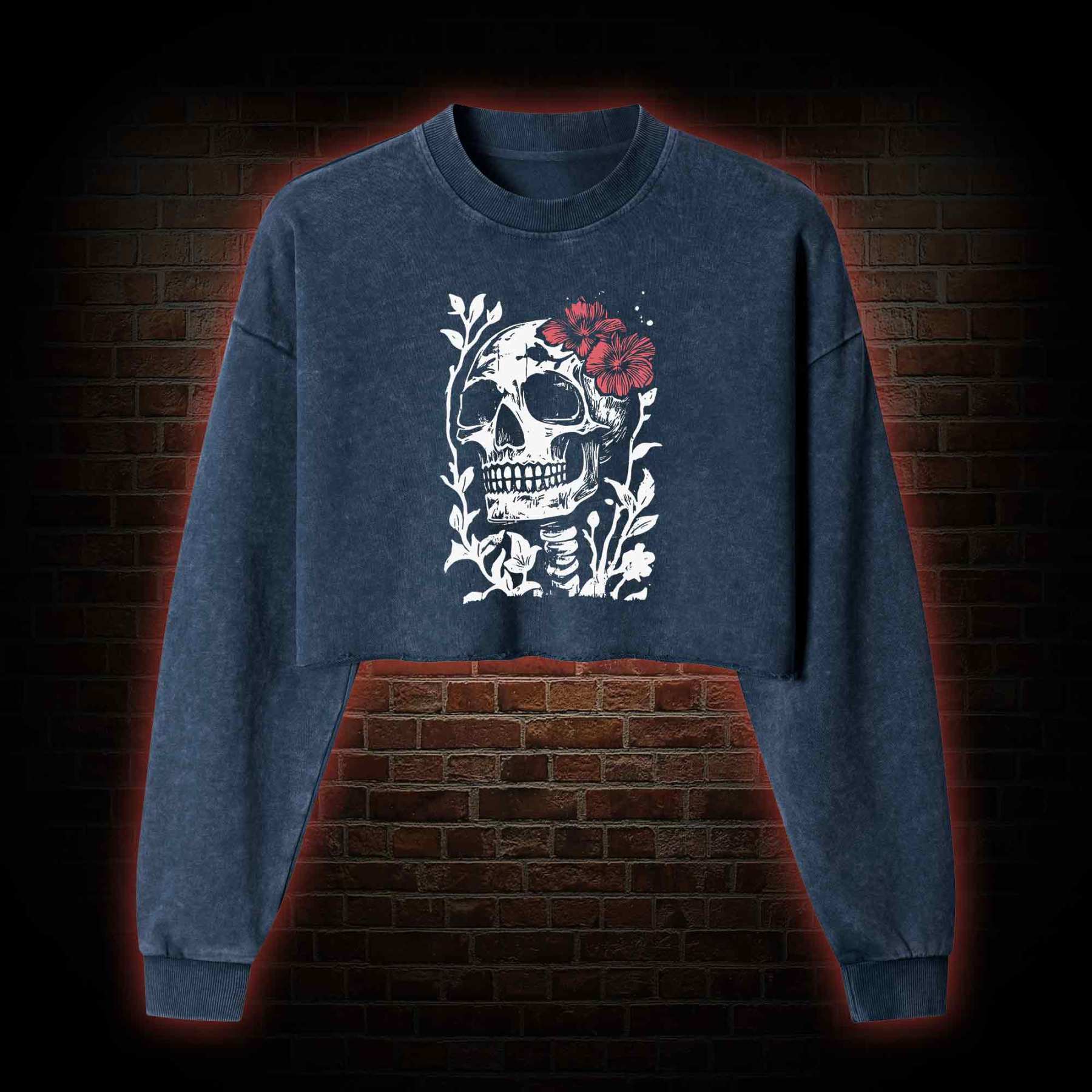 Flower Skull Washed Cropped Sweatshirts