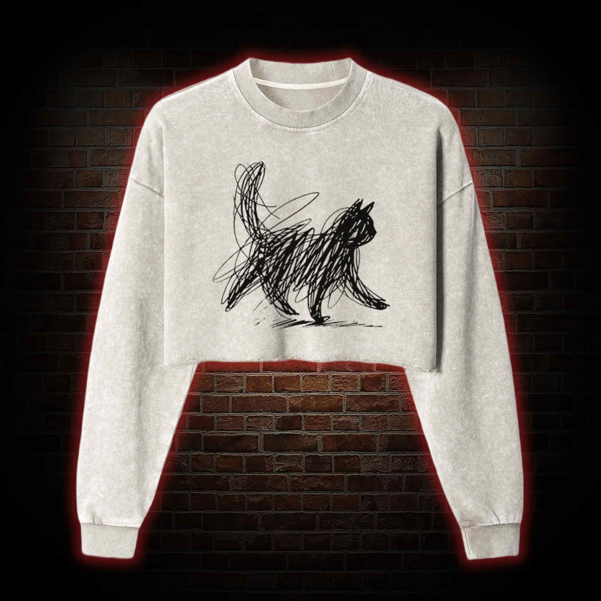 Cat Line Art Washed Cropped Sweatshirts