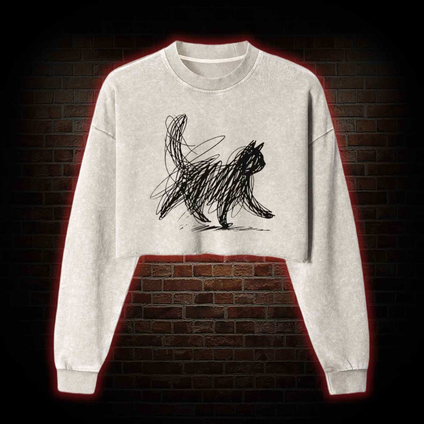 Cat Line Art Washed Cropped Sweatshirts