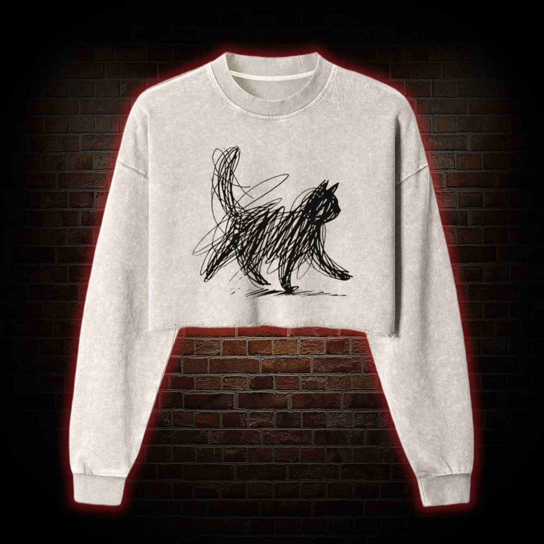 Cat Line Art Washed Cropped Sweatshirts