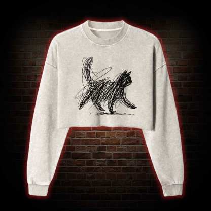 Cat Line Art Washed Cropped Sweatshirts