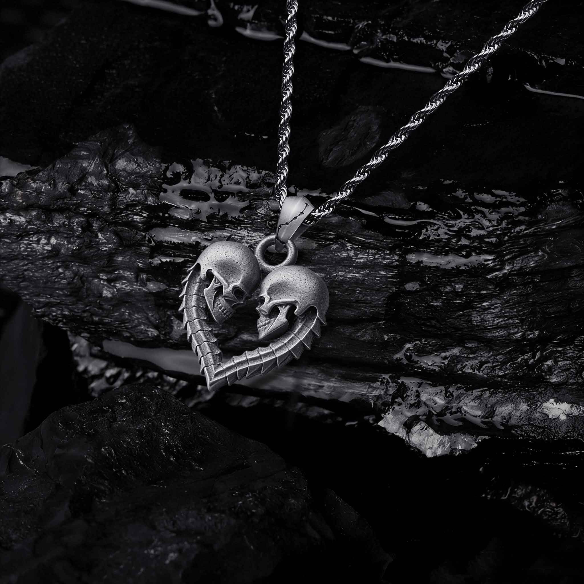 Double Skull Heart Sculptural Necklace