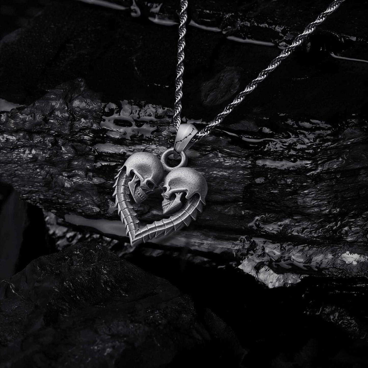 Double Skull Heart Sculptural Necklace
