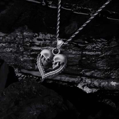 Double Skull Heart Sculptural Necklace