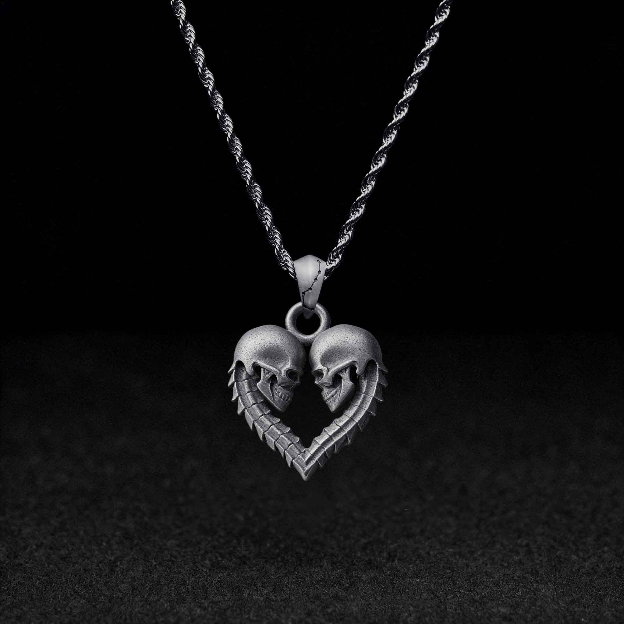 Double Skull Heart Sculptural Necklace
