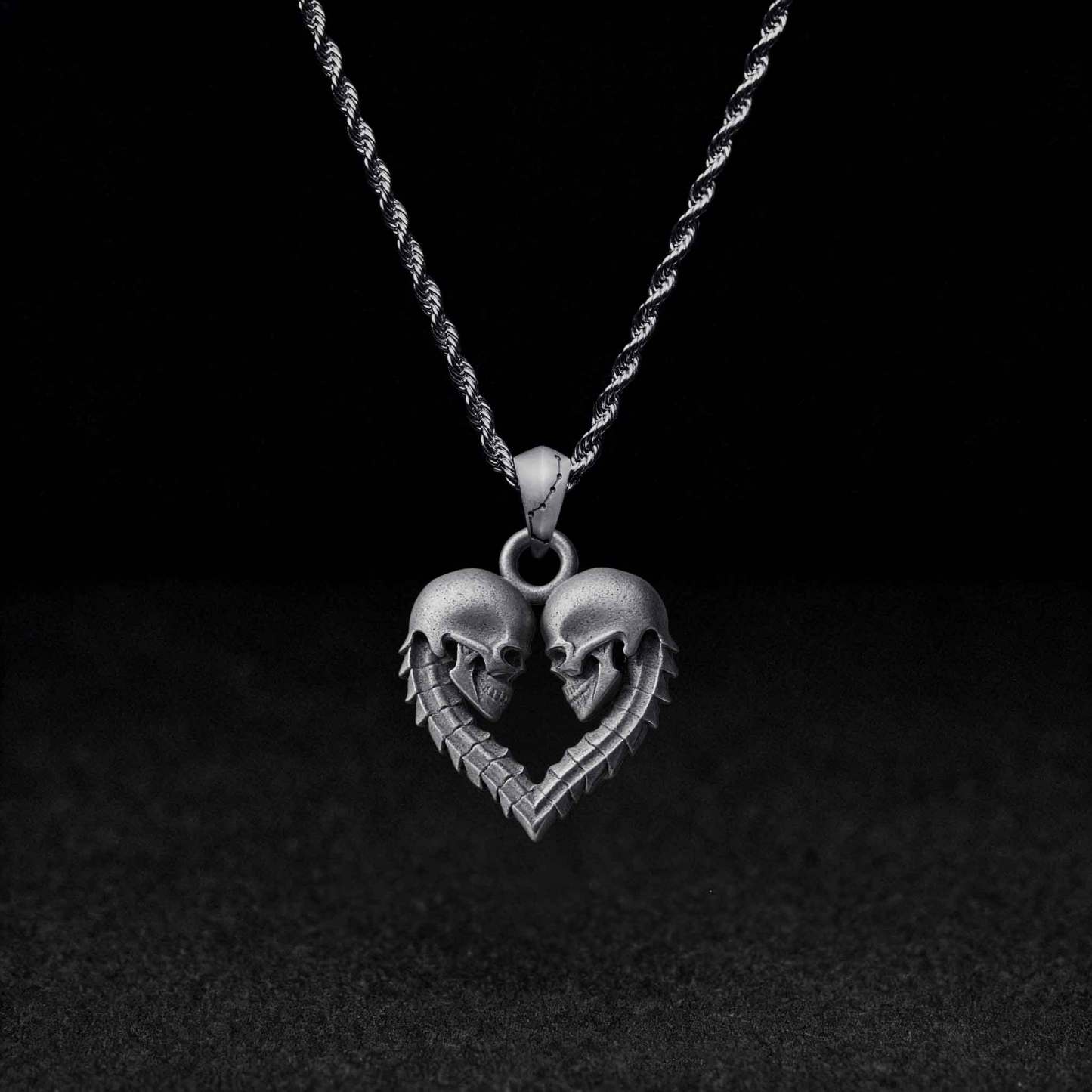 Double Skull Heart Sculptural Necklace