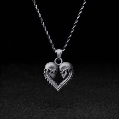 Double Skull Heart Sculptural Necklace
