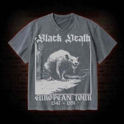 Black Death European Tour 1347-1351 V-Neck Streetwear Washed T-shirt